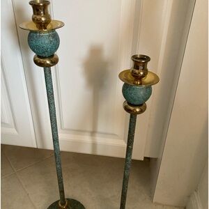 Beautiful brass and patina green candle sticks
